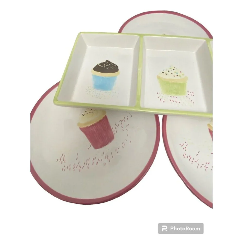 Dessert Plates Set, 3 W/ Serving Tray,‎ Oneida Sprinkles.